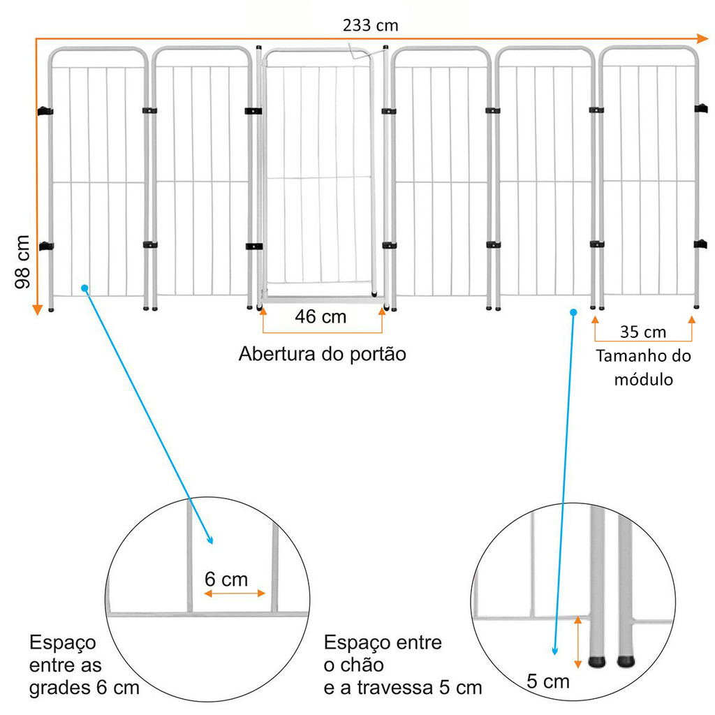 Cercado Cachorro Caes Grande Portao + 5 Modulos 233x98cm