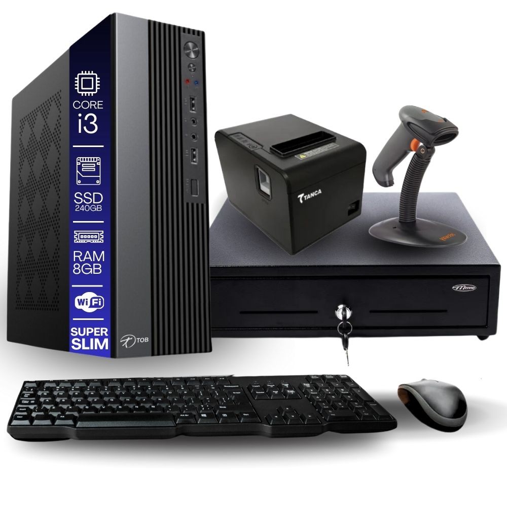 Kit PDV TOB Intel i3 8GB SSD 240GB Win11 Rede S/Fio Teclado Mouse Gaveta Dinheiro Imp Térmica Leitor Código de Barras
