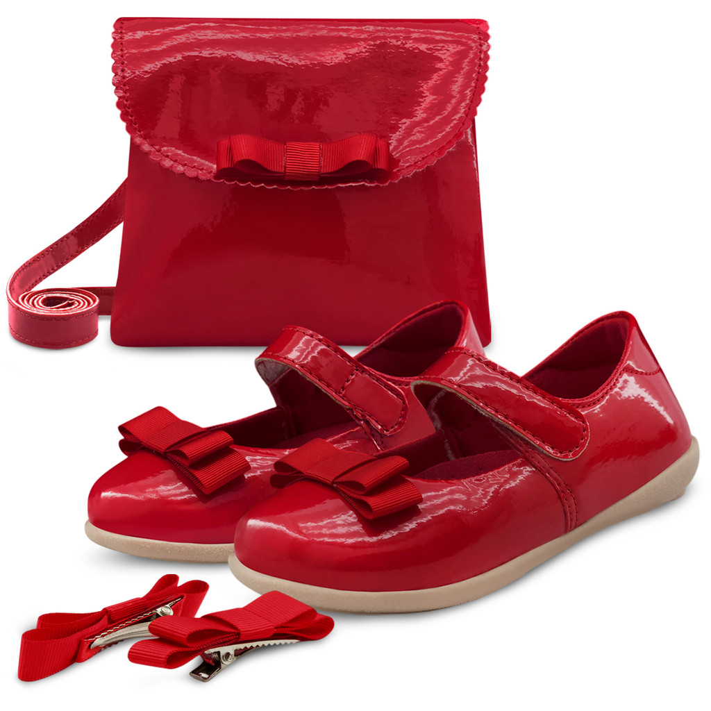 Kit Sapatilha Infantil Bebê Com Bolsa E Presilha Laço Vermelha LoliKids