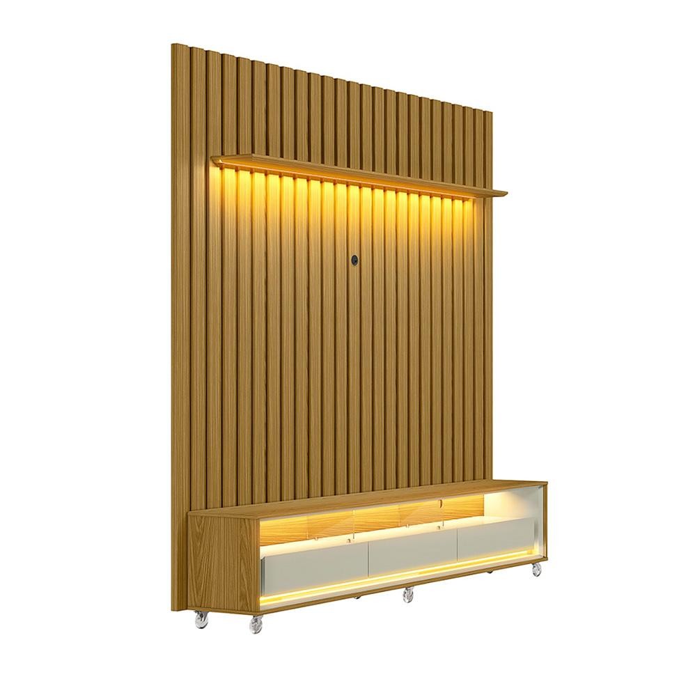 Rack com Painel Ripado até 70 Polegadas Sintra com LED 3 GV Cedro e Off White Alt 218 Larg 222 cm em Oferta na Shopee