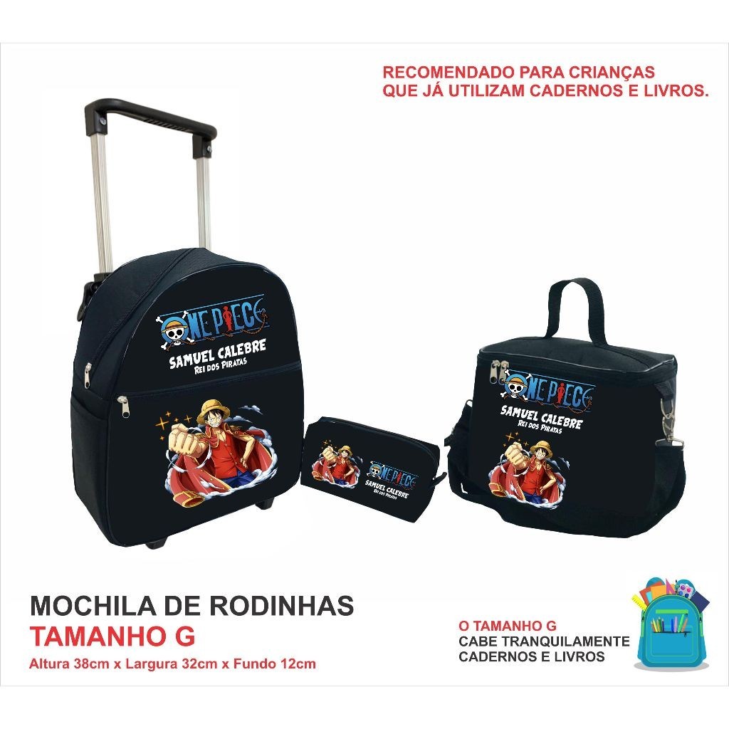 Kit Mochila 3 Peças Luffy One Piece de rodinhas carrinho personalizada com o nome