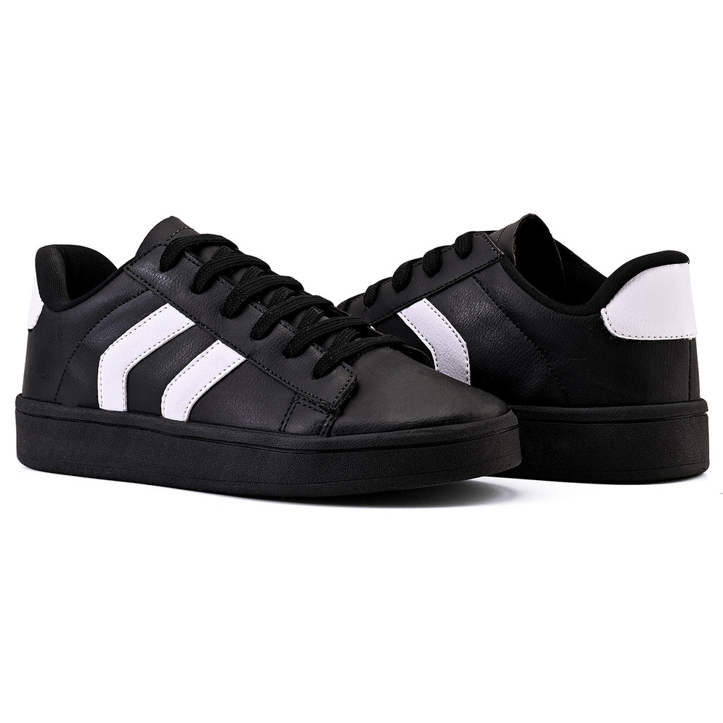 Tênis Basico Feminino Todo Branco e Preto Promoção