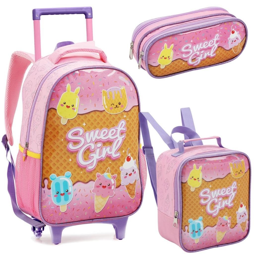 Kit Mochila Rodinha Lancheira Estojo Sweet Girl Sorvete Rosa