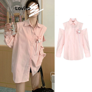 Lovito Blusa Removível Casual Com Botão Liso Drapeado Com Flores Tridimensionais Para Mulheres L76AD023