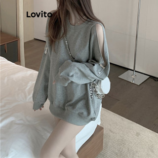 Lovito Moletom Casual Simples Com Zíper De Ombro Frio Para Mulheres LNA35067 (Cinza)