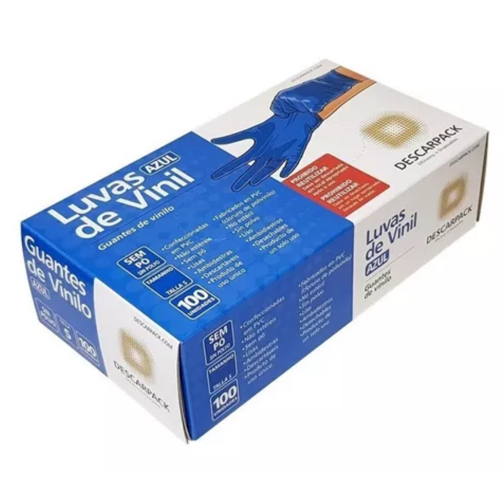 Luva De Vinil Azul Descarpack Sem Pó Com 100 Unidades