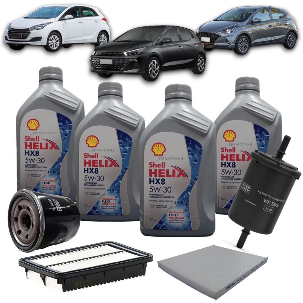 Kit Revisão 4 Litros de Óleo Shell Helix 5W30 Sintético HX8 + Kit de Filtros Mann Filter Hyundai HB20 Flex 2012 em diant em Oferta na Shopee