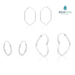 Kit 3 pares de brincos argolas prata 925 coração redonda e sextavada