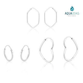 Kit 3 pares de brincos argolas prata 925 coração redonda e sextavada