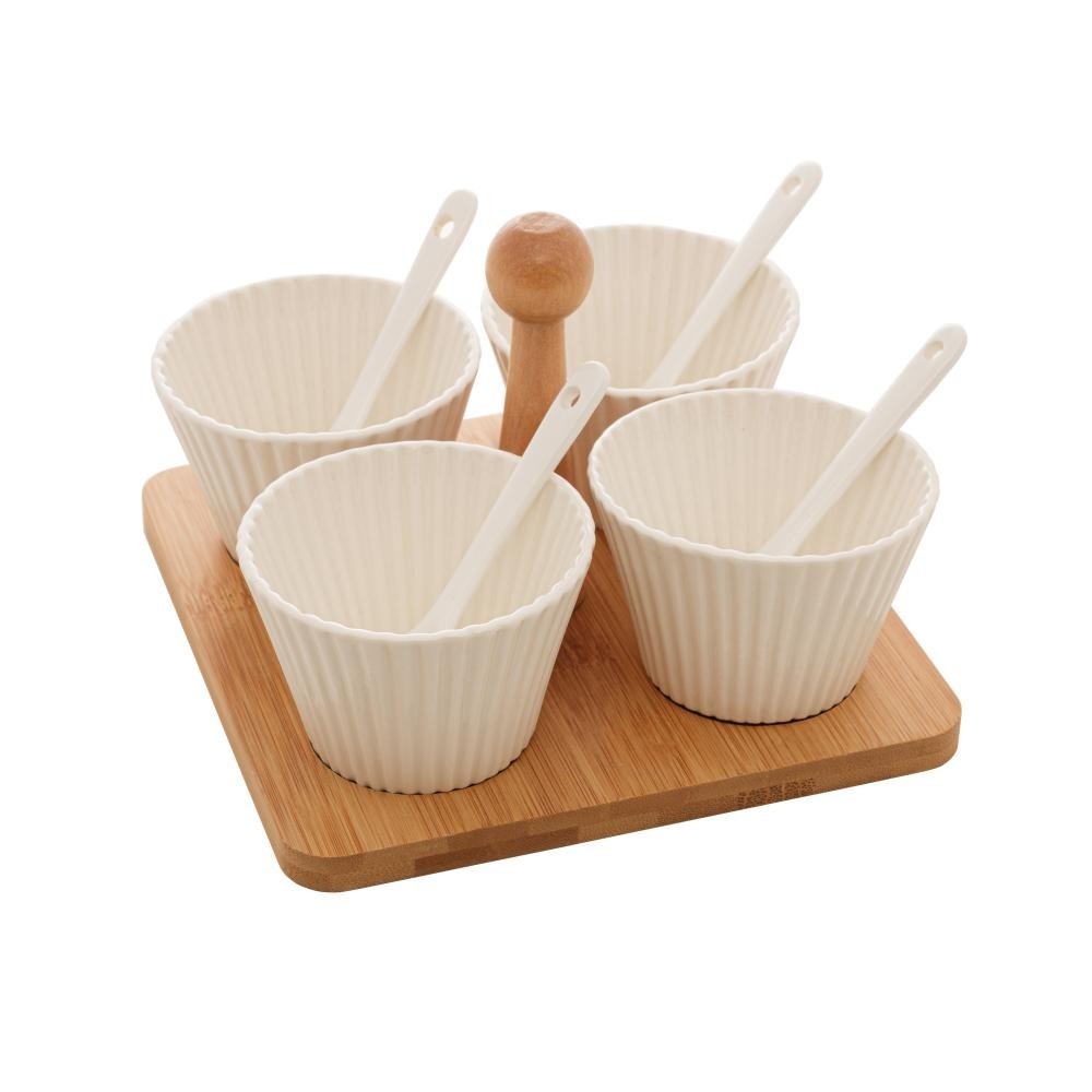 4 Molheiras com Colher e Suporte Wolff de Bambu 16cm x 16cm - Home & Living