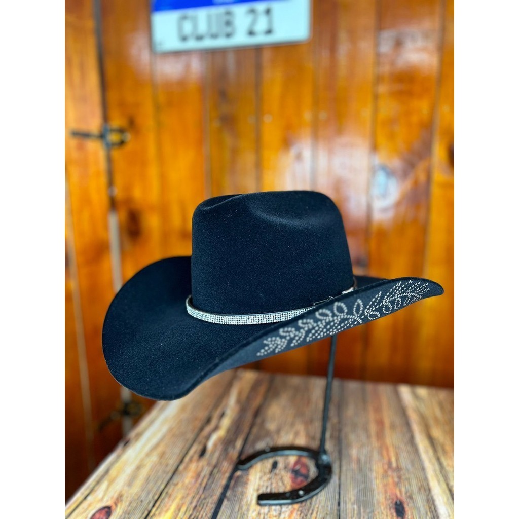Chapéu Country Castella 2.0 Preto Flor Silver Bandinha De Strass