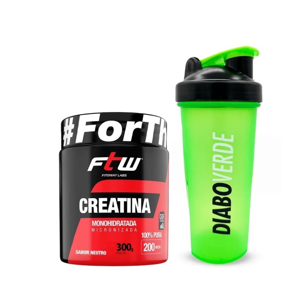 Kit Creatina 300g Ftw 100% Pura com Coqueteleira Diabo Verde 