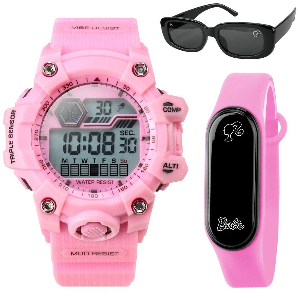 Relogio digital prova dagua rosa led infantil + oculos sol ajustavel silicone data adolescente