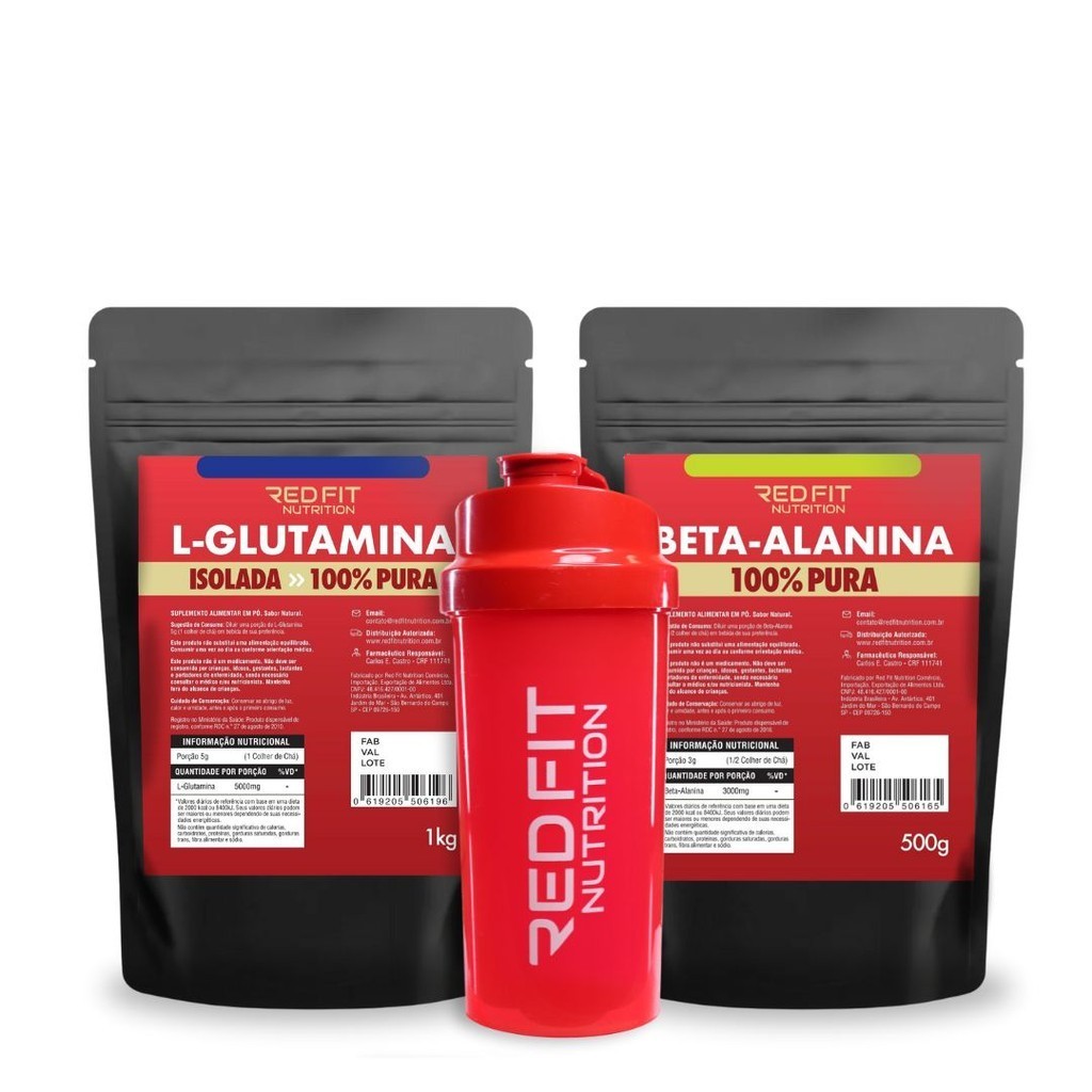 Kit Suplemento em pó Puro Importado Red Fit Nutrition L-Glutamina 1Kg Beta-Alanina Pré Treino 500g