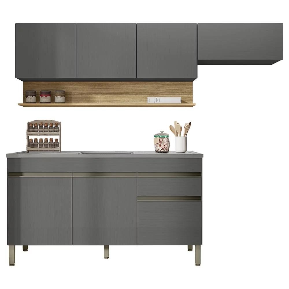 Armário de Cozinha 4 Peças Balcão com Pia 150cm Lina18 Z06 Gris/Freijó - Mpozenato - Home & Living
