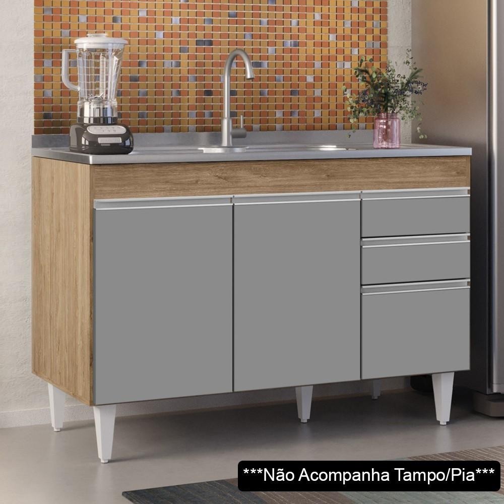 Balcão Gabinete Para Pia 120cm sem Tampo 3 Portas 2 Gavetas Michigan Castanho/Cinza - Lumil em Oferta na Shopee