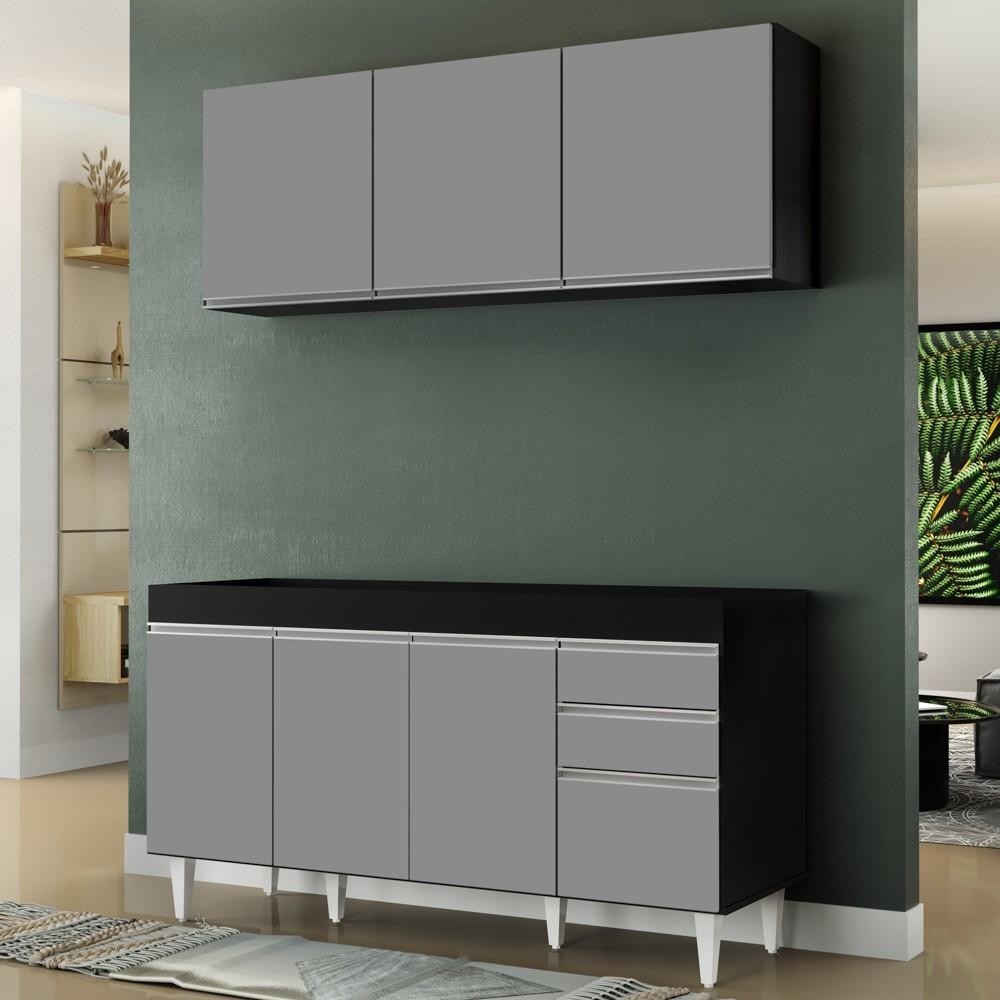 Armário Aéreo Argélia e Balcão Gabinete Para Pia 150cm sem Tampo Marrocos Preto/Cinza - Lumil Móveis em Oferta na Shopee