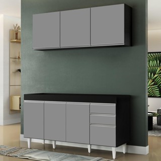 Armário Aéreo Argélia e Balcão Gabinete Para Pia 150cm sem Tampo Marrocos Preto/Cinza - Lumil Móveis em Oferta na Shopee