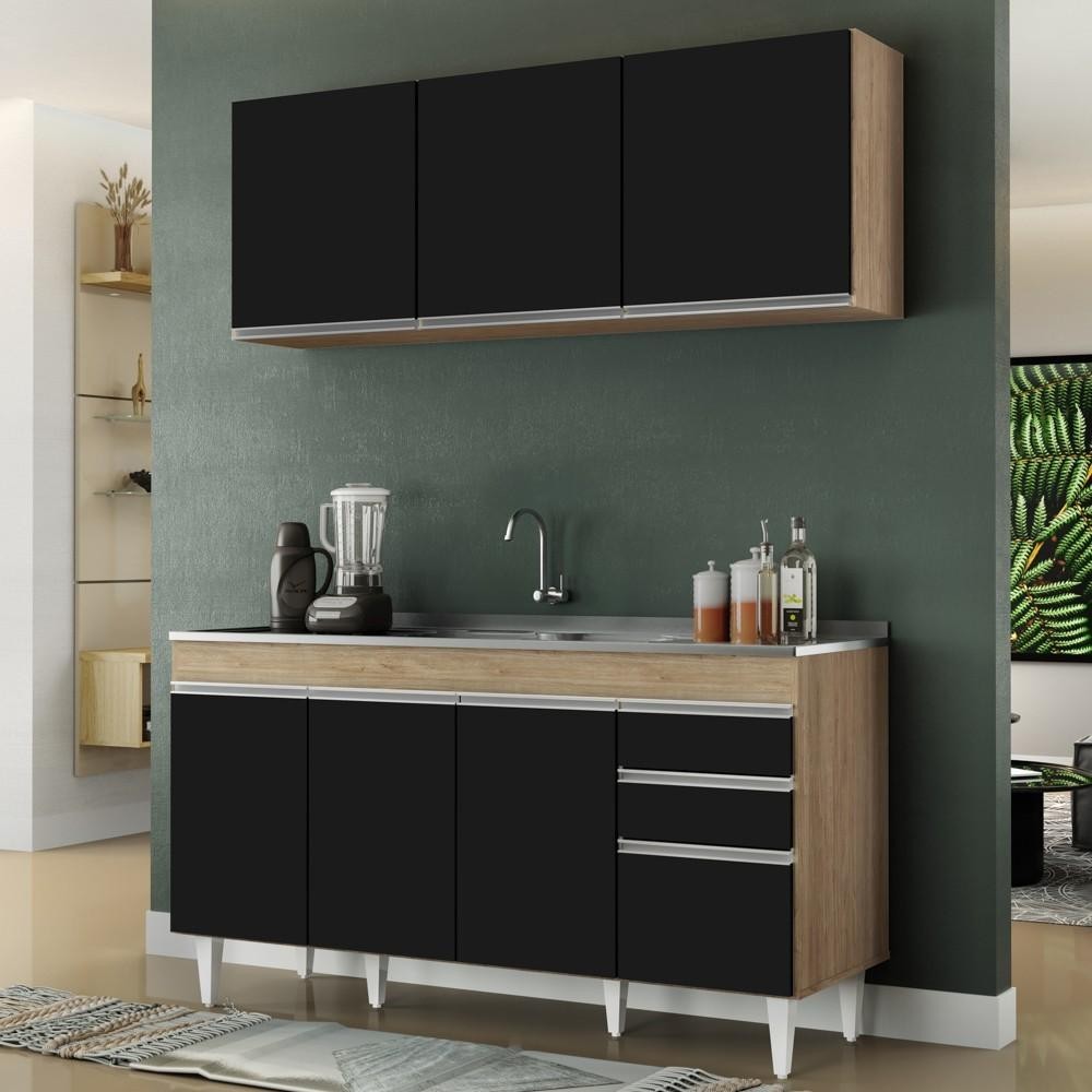 Armário Líbia e Balcão com Pia Inox 150cm Tunísia L03 Castanho/Preto - Mpozenato em Oferta na Shopee