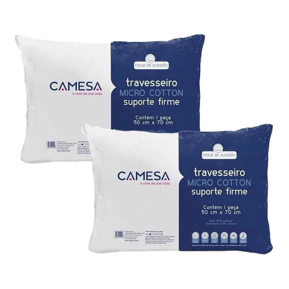 Kit 2 Travesseiros Micro Cotton Camesa Suporte Firme Hotel Antialérgico Anti-Ácaro 100% Poliéster