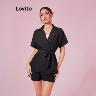 Lovito Conjunto de Shorts com Bolso e Gola Notch Lisa e Elegante para Mulheres LBL08443