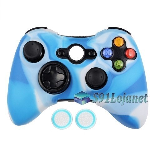 Capa Case Silicone Controle Microsoft Xbox 360 Capinha Protetora Branco Azul + Grip Bola