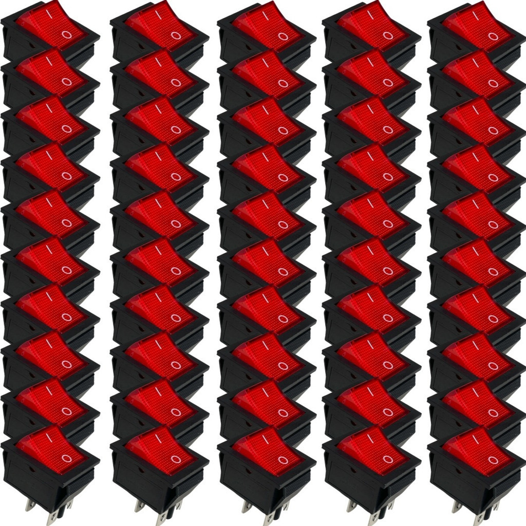 Kit 50 Chave Gangorra Interruptor KCD4-201N Liga Desliga Botão Vermelho Com Neon 4T