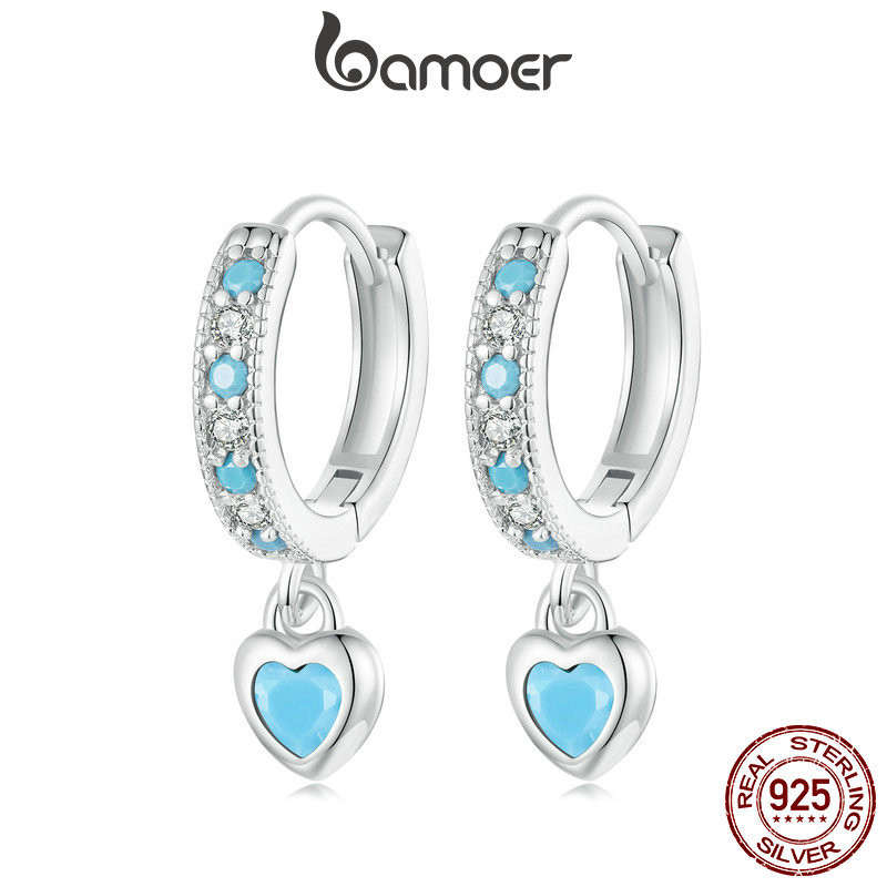 Brincos Bamoer 925 Sterling Sliver Hoop Azul Jóias Turquesa Em Forma De Coração Para Mulheres