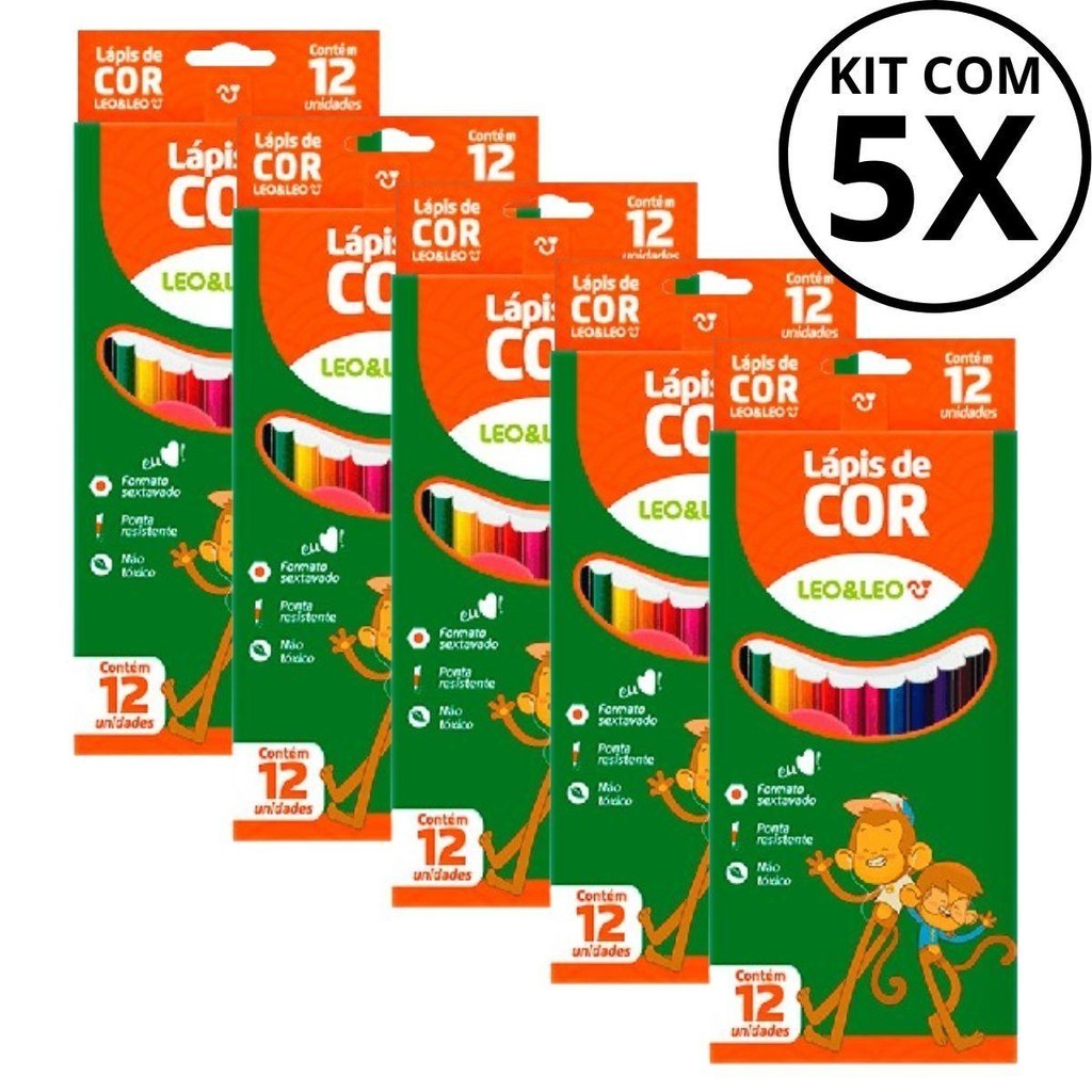 Kit Com 5 Caixa De Lápis De Cor LEO&LEO Com 12 Cores - LEONORA em Oferta na Shopee