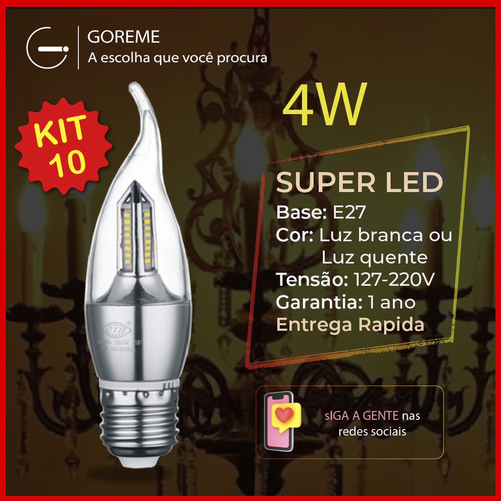 Kit 10 Lâmpadas LED Vela 4W E27 Bico Torto, Modernas, Branco Frio (6500K) ou Quente (3000K), Bivolt Pendente Mderno em Oferta na Shopee