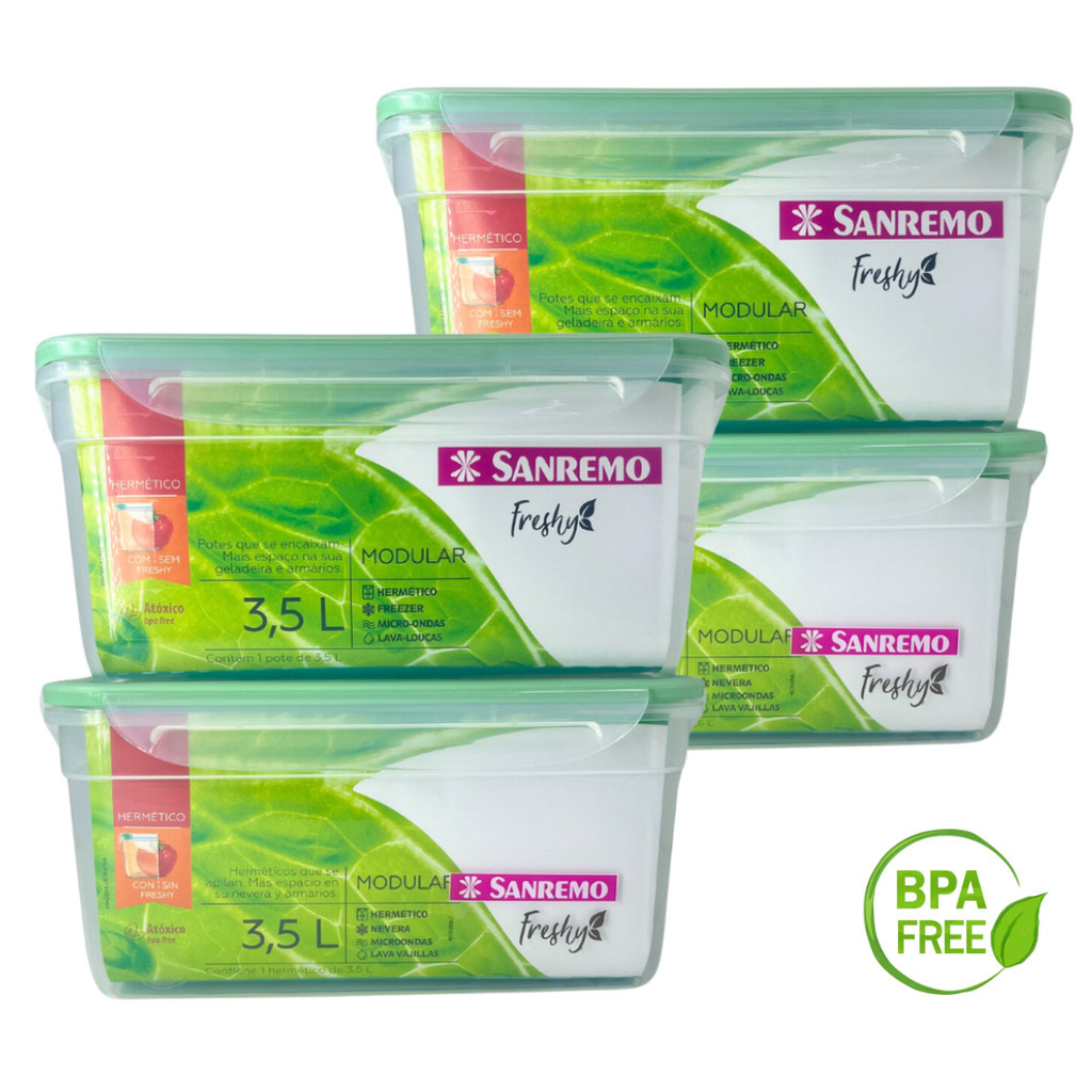 Conjunto 4 Potes Plástico Empilhaveis 3,5L Organizador de Frutas Geladeira Cozinha Hermético com 4 Travas Sanremo VERDE