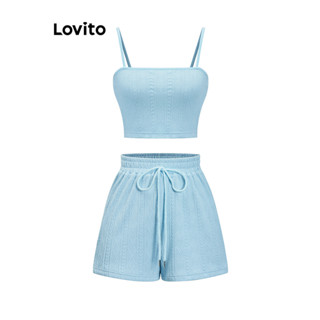 Lovito Conjuntos de shorts de tecido texturizado casual liso com cadarço para mulheres LBA82222