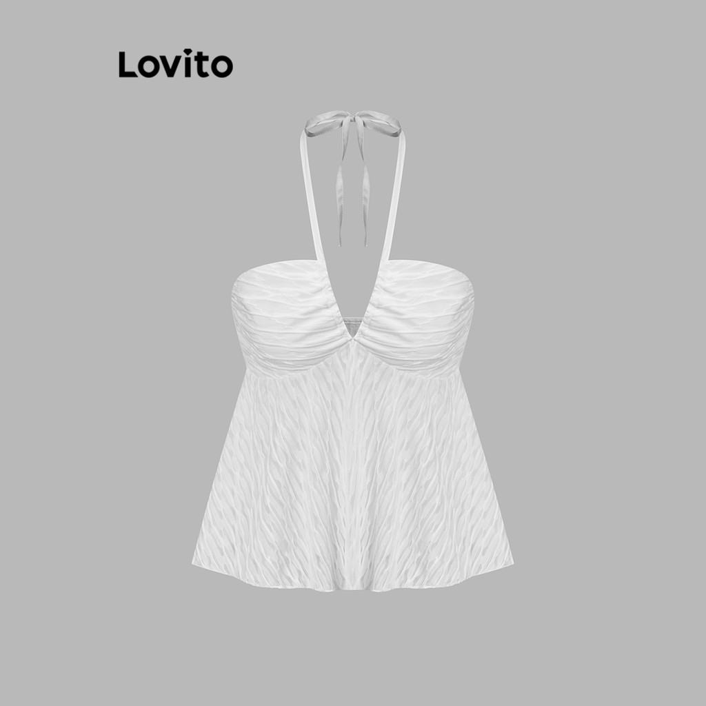 Lovito Regata Casual Lisa Com Cadarço Franzido E Bainha Com Babados Para Mulheres L88AD023