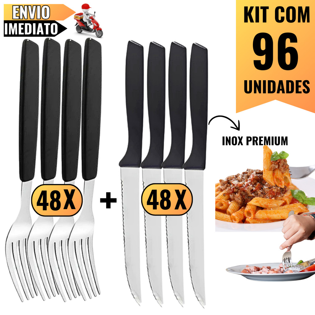 Imagem Kit 96 Peças Talheres Inox – 48 Garfos e 48 Facas Pretos Premium Para Churrascos, Jantares e Uso Profissional
