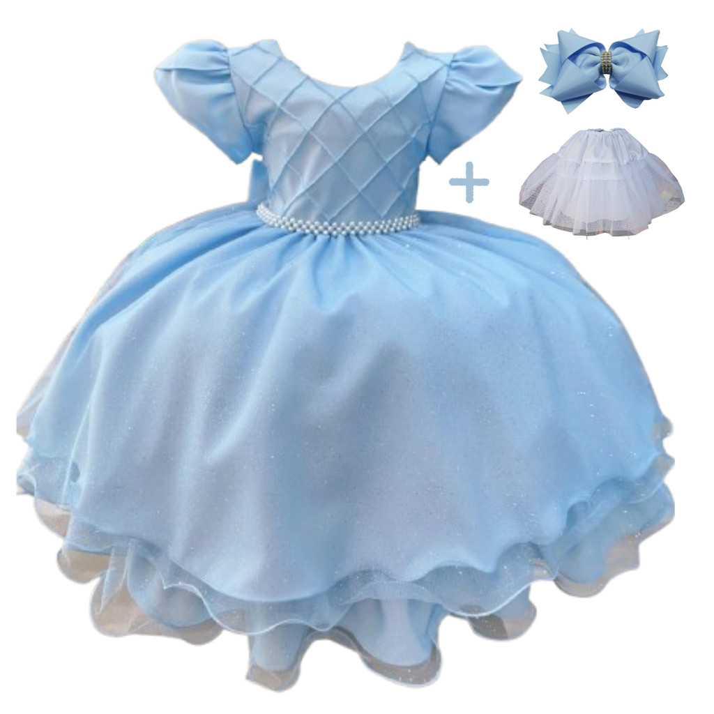 Vestido azul claro infantil de festa azul bebe completo com saiote em tule laço de cabelo md5073