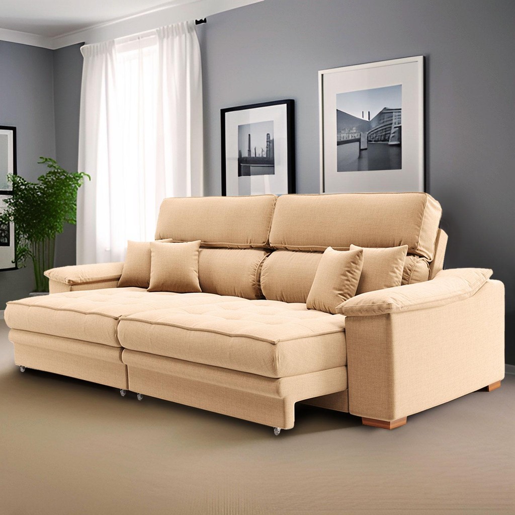 Sofá 3 Lugares Retrátil e Reclinável Raul Linho Bege em Oferta na Shopee