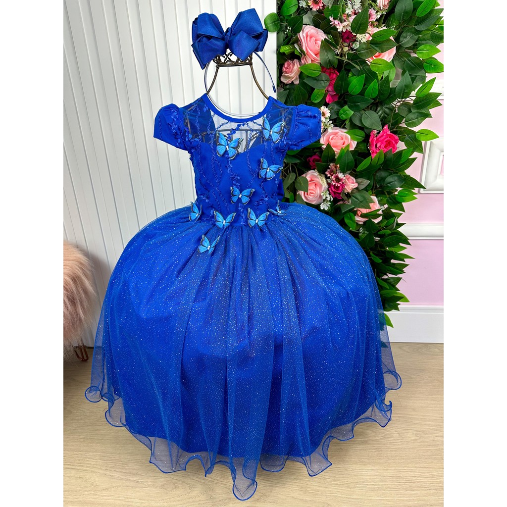 Vestido Vila Lele Longo Jardim Encantado Borboletas Azul Royal Casamento Formatura Noiva Batizado Elegante Luxo Clássico