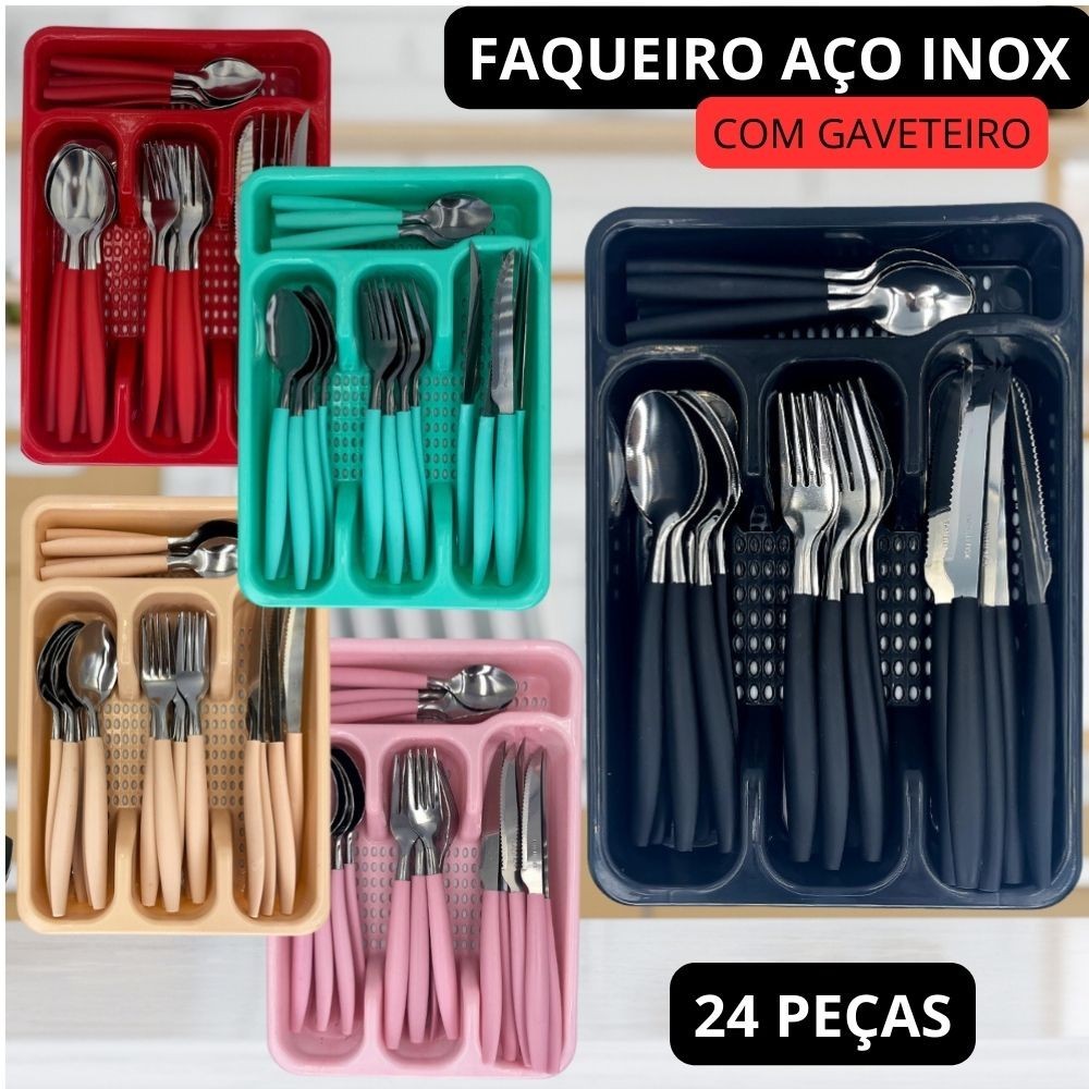 FAQUEIRO AÇO INOX RESISTENTE COM GAVETEIRO COZINHA JOGO TALHERES - 24 PEÇAS