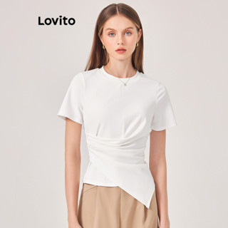 Lovito Casual Camiseta Feminina Lisa Plissada Assimétrica L71ED032 (Branco/Preto)