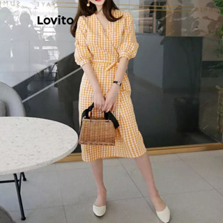 Lovito Vestido Casual Xadrez Com Gravata Frontal Para Mulheres LNA36101 (Amarelo)