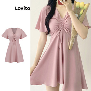 Lovito Vestido Elegante Liso Com Renda Franzida Para Mulheres L77ED265