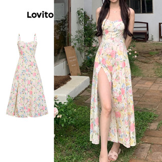 Lovito Vestido feminino Boho Ditsy com estampa floral dividida L79AD072