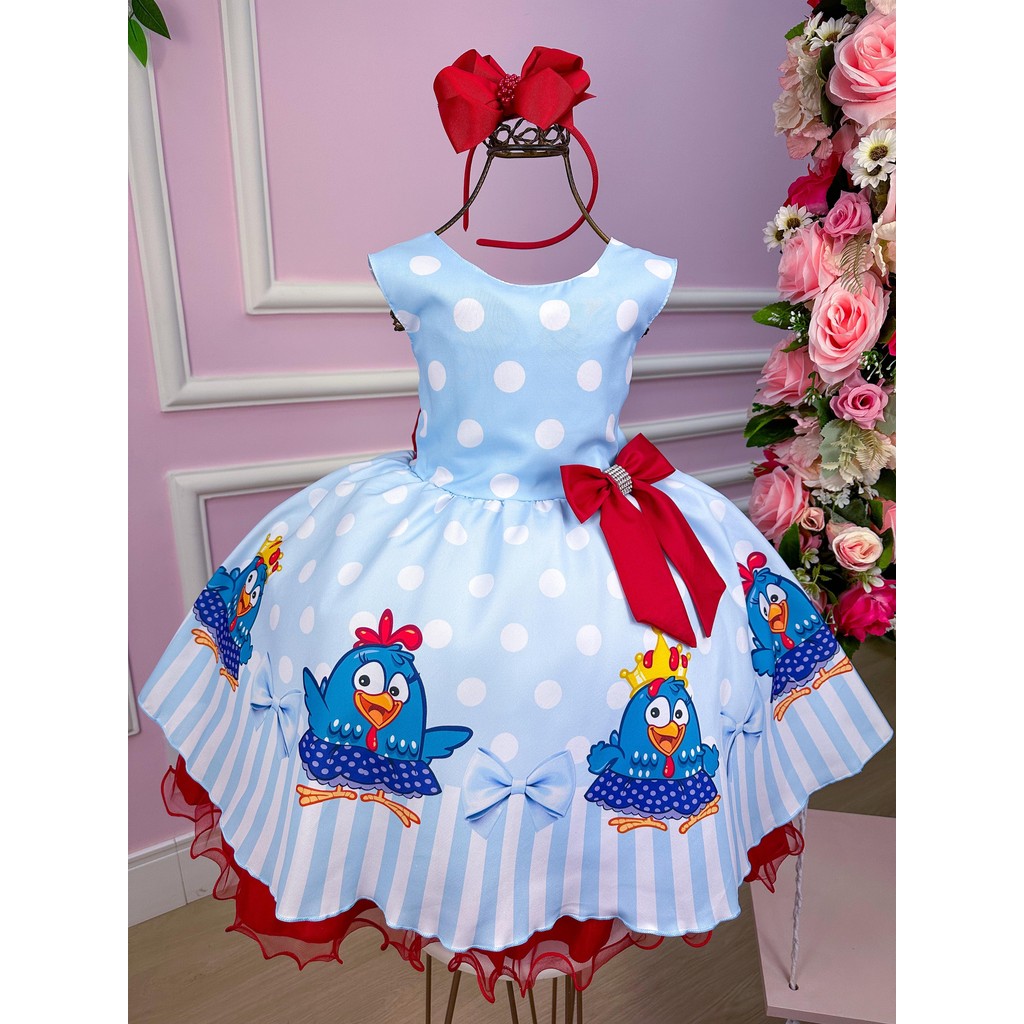 Vestido Tematicos Luxo Galinha Pintadinha Azul e Vermelho