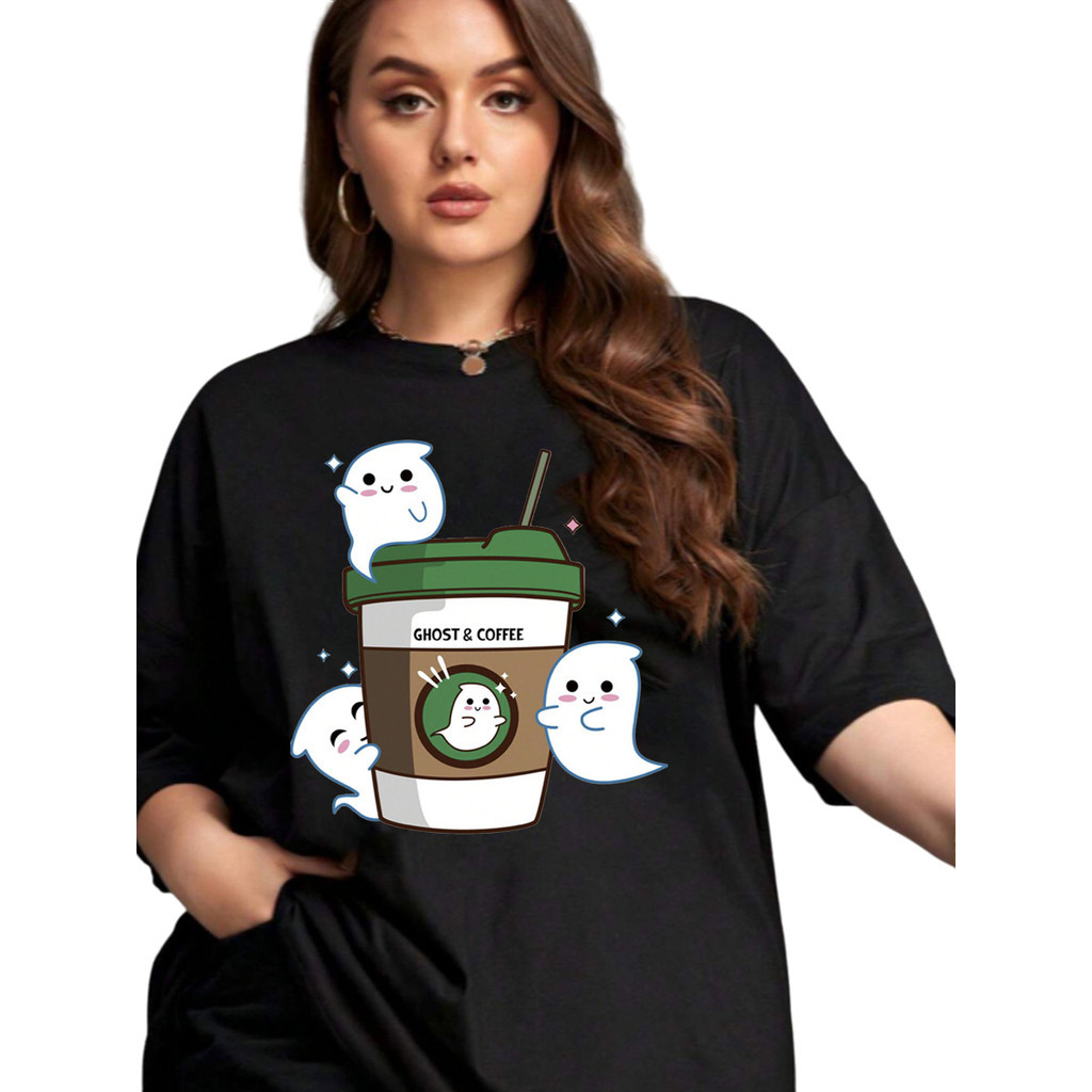 Camiseta Estampada Fantasminhas Copo Café Blusa Oversized Streetwear Moderna Despojada Aesthetic