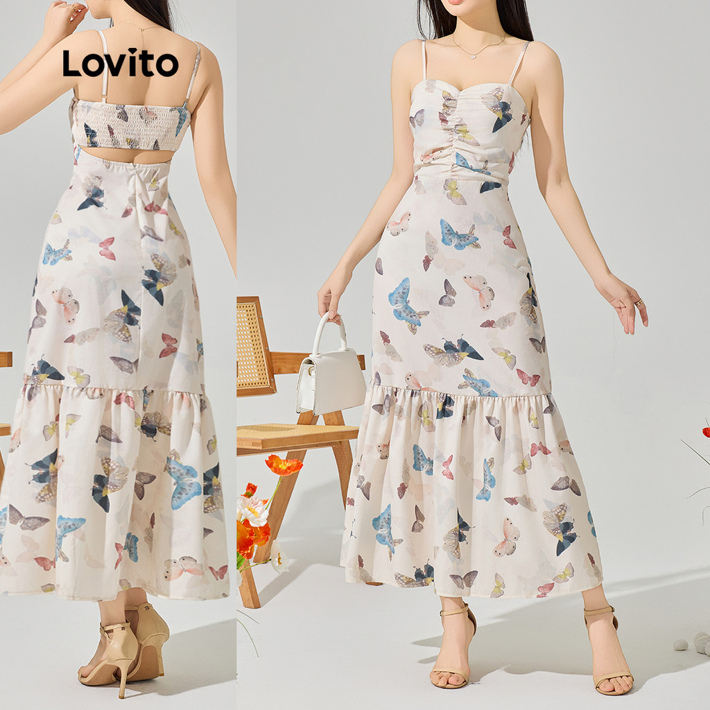 (Trendy) Lovito Vestido Elegante Plissado Borboleta Para Mulheres L123ED217 em Oferta na Shopee