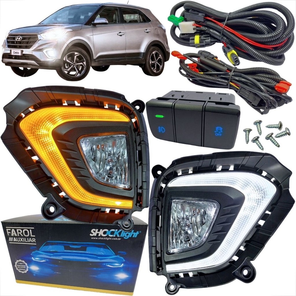 KIT FAROL DE MILHA HYUNDAI CRETA DE 2020 À 2023 MOLDURA PRETA COM DRL E SETA BOTAO MODELO ORIGINAL