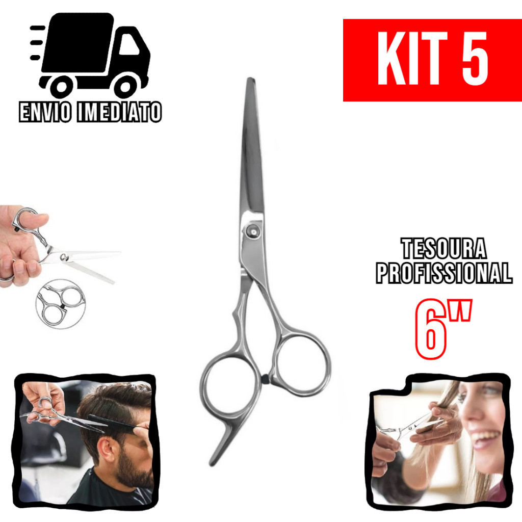 Kit 5 Tesoura Cabeleireiro Profissional 6" Aço Inoxidável Barbearia e Salão