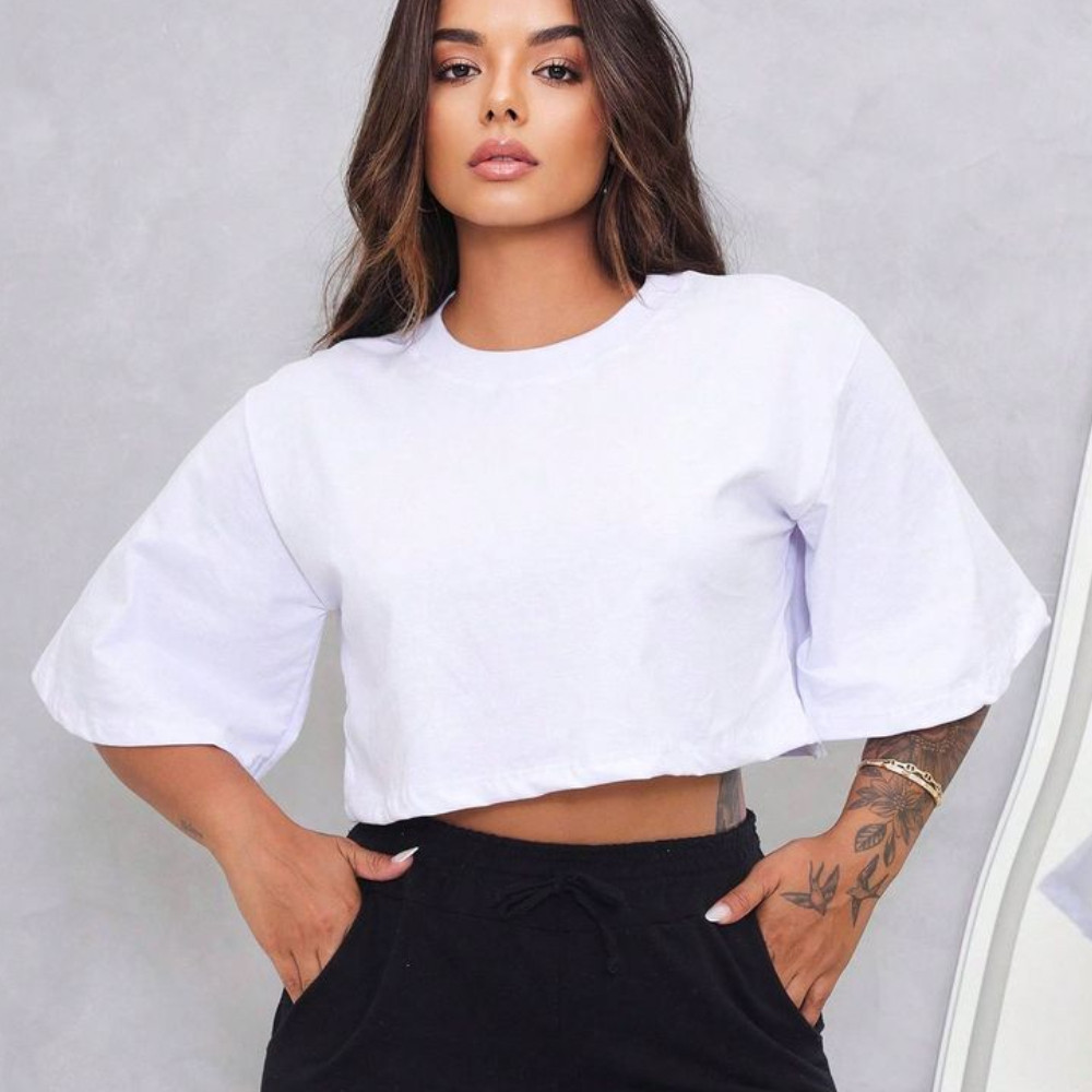 Cropped Feminino Oversized 100% Algodão Confortável Básico Liso