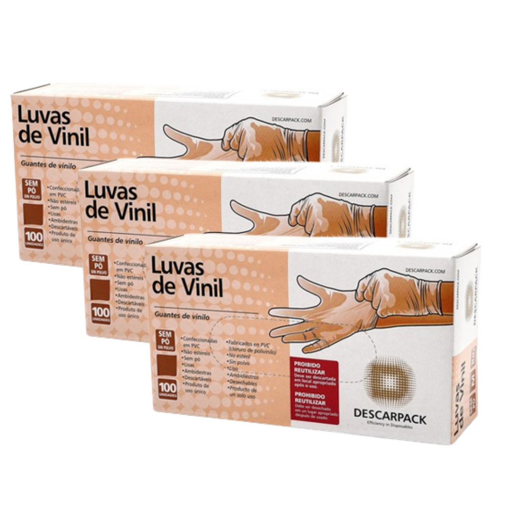 Kit 3 Luvas De Vinil Descartável Sem Pó Descarpack 100 Undades em Oferta na Shopee