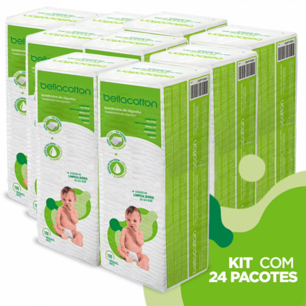 Kit 24 Pacotes Quadrado de Algodão Bebê Bellacotton 2.400 unidades